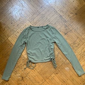 *** Ribbed Drawstring SideRouched LongSleeve CropTop | Olive Green | Sz S